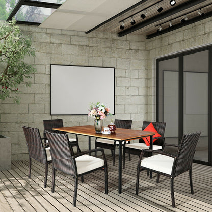 7Pcs Patio Rattan Cushioned Dining Set with Umbrella Hole-Warm White