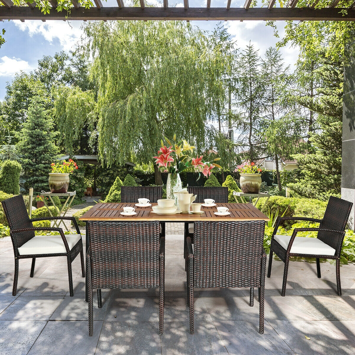 7Pcs Patio Rattan Cushioned Dining Set with Umbrella Hole-Warm White