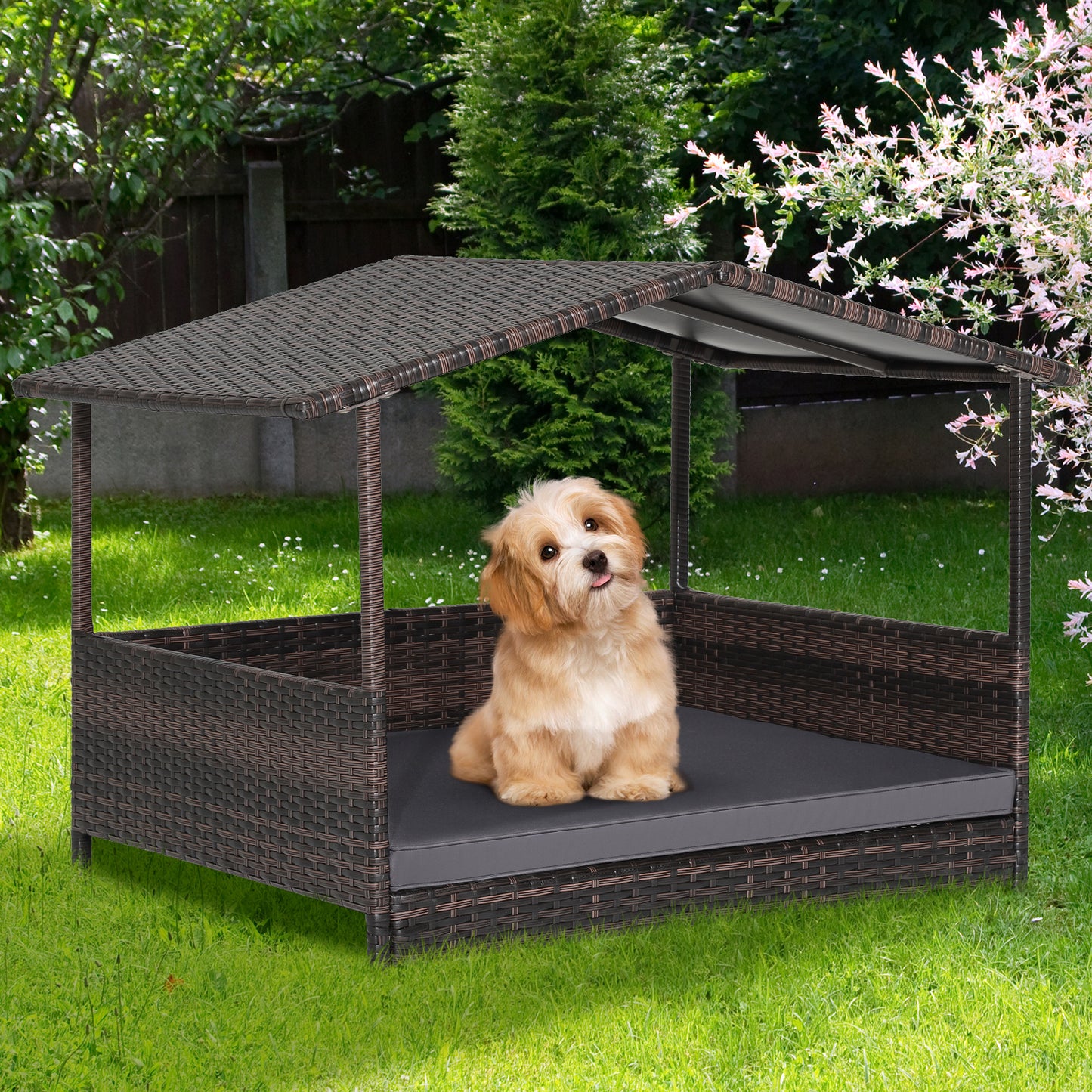 Outdoor Wicker Dog House with Weatherproof Roof-