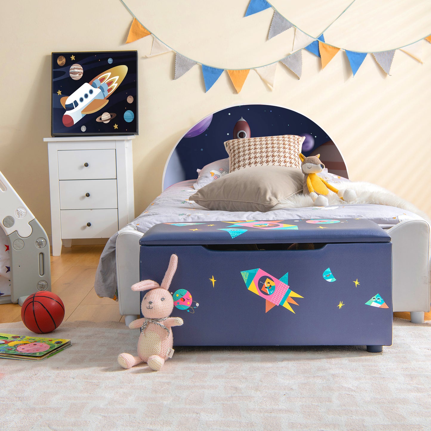 Kids Wooden Upholstered Toy Storage Box with Removable Lid-Navy