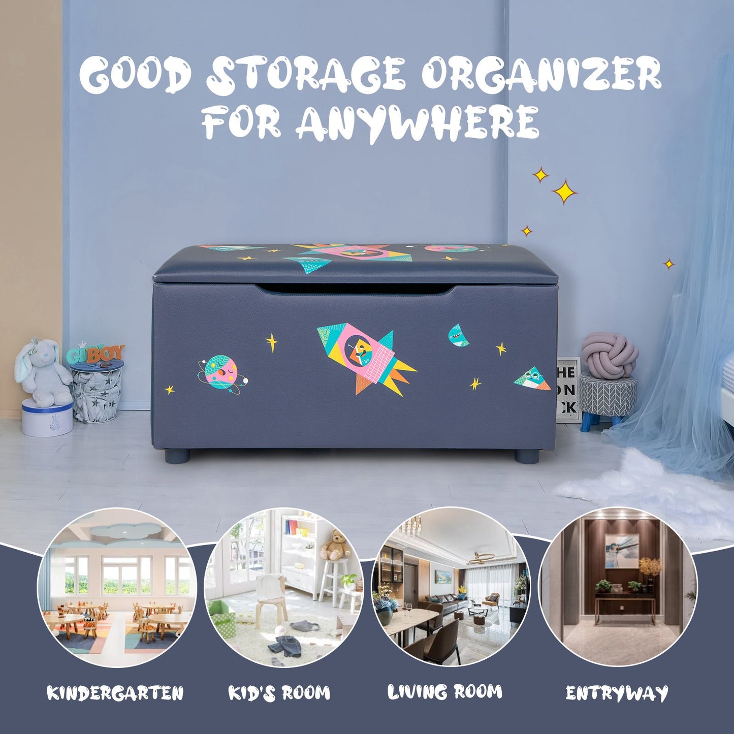 Kids Wooden Upholstered Toy Storage Box with Removable Lid-Navy