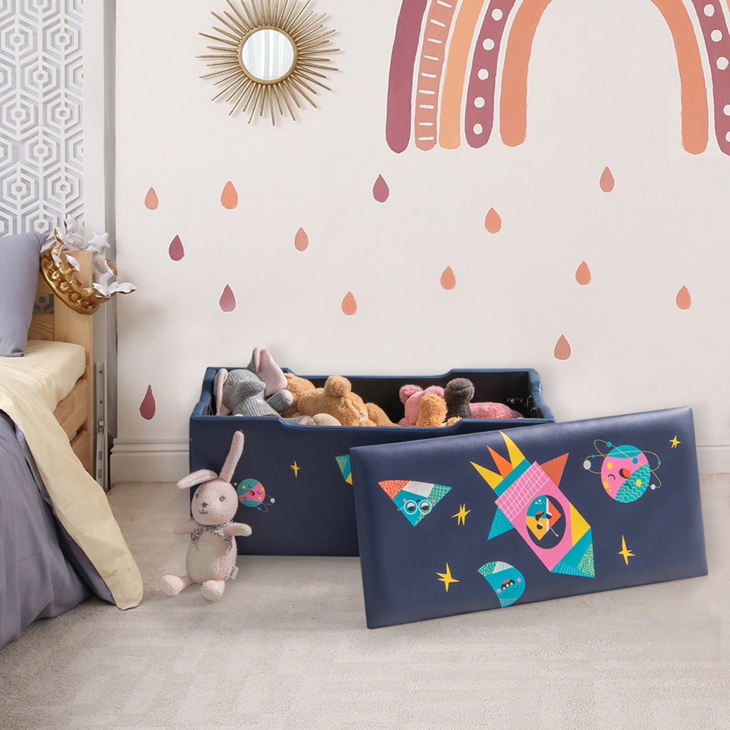 Kids Wooden Upholstered Toy Storage Box with Removable Lid-Navy