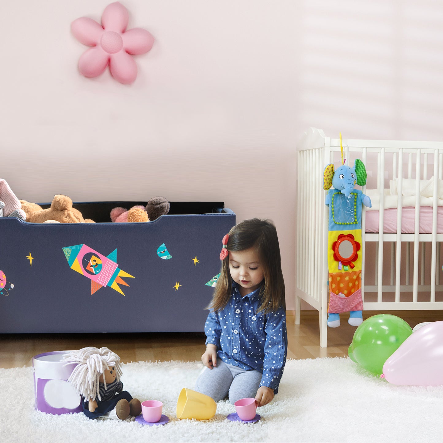 Kids Wooden Upholstered Toy Storage Box with Removable Lid-Navy