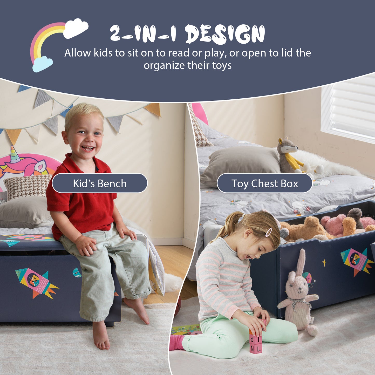 Kids Wooden Upholstered Toy Storage Box with Removable Lid-Navy