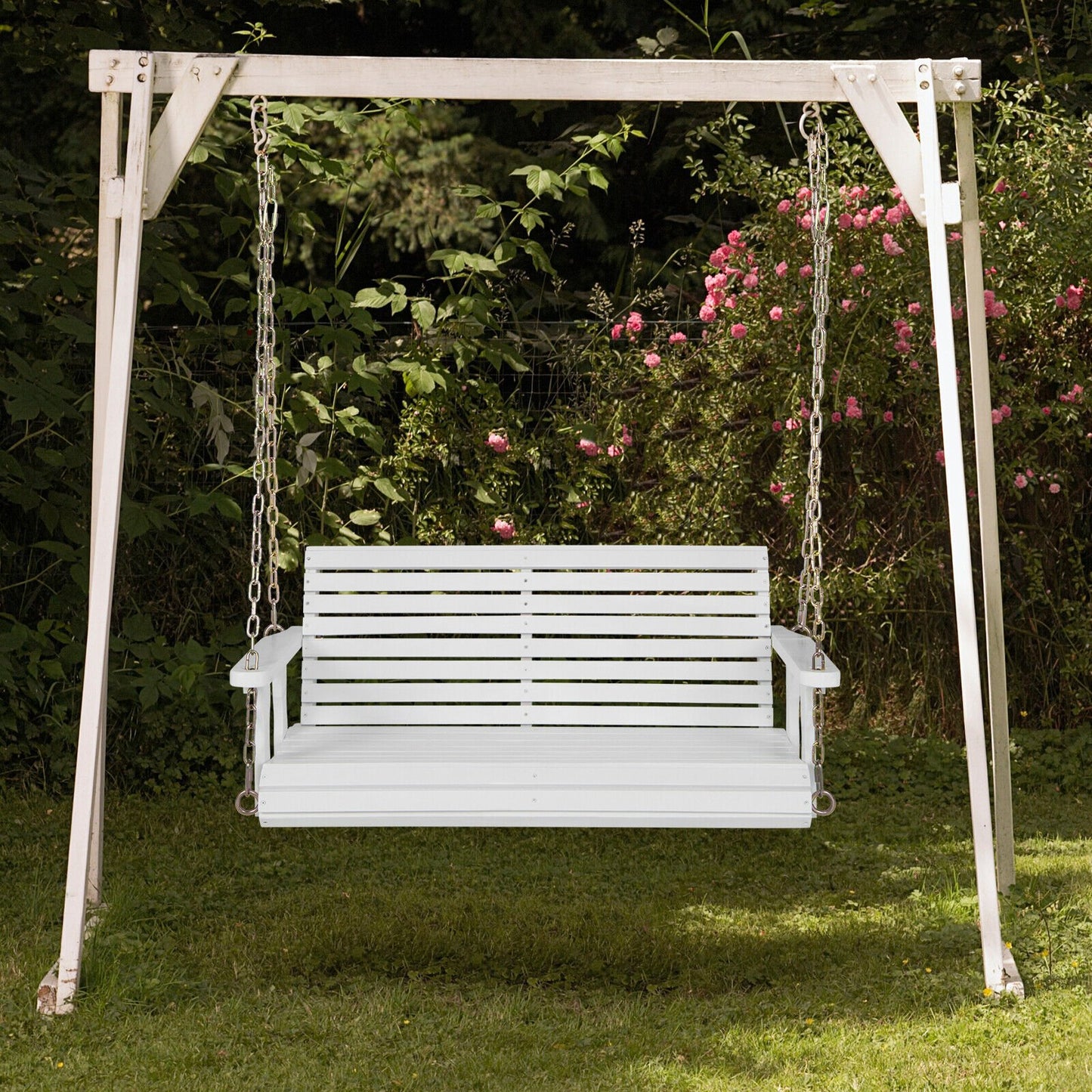 2-Person Wooden Porch Swing with Hanging Chains for Garden Yard-Orange