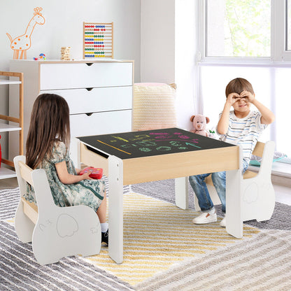 4-in-1 Wooden Activity Kids Table and Chairs with Storage and Detachable Blackboard-White