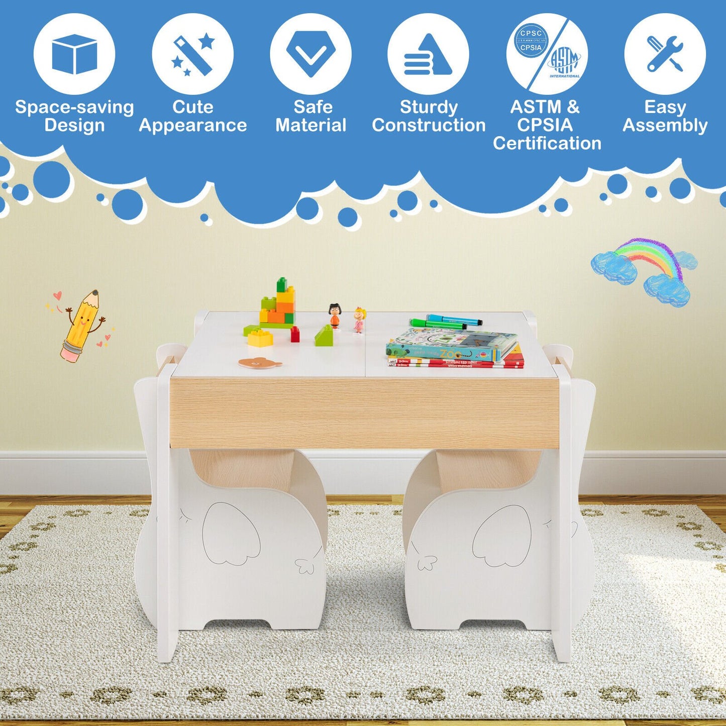 4-in-1 Wooden Activity Kids Table and Chairs with Storage and Detachable Blackboard-White