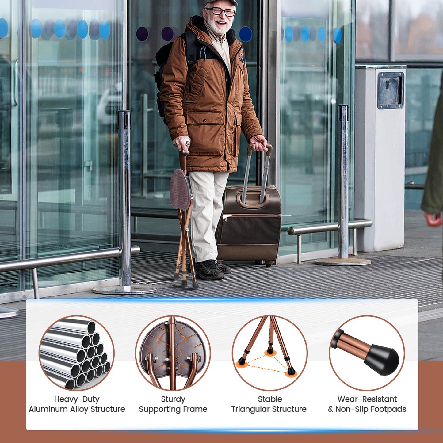 Lightweight Adjustable Folding Cane Seat with Light-Brown