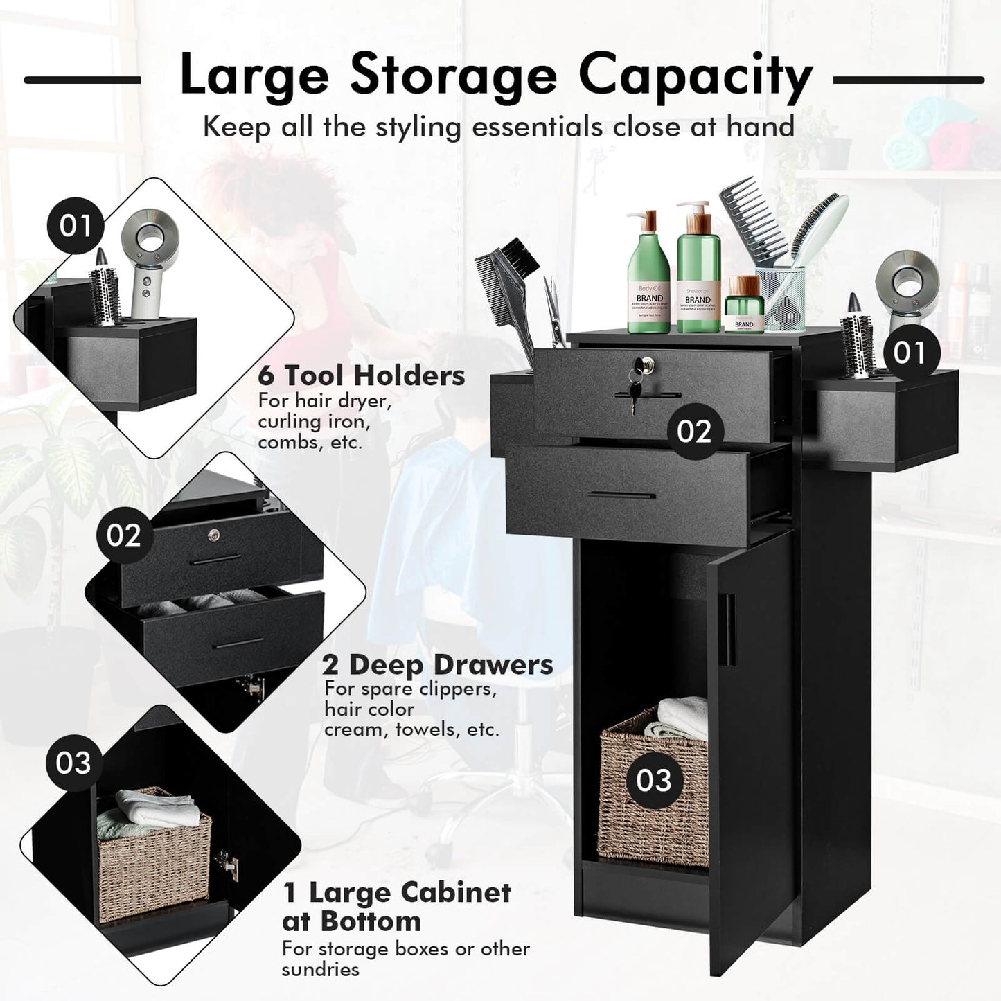 Salon Station Storage Cabinet with 6 Hair Dryer Holders for Hair Stylist-Black