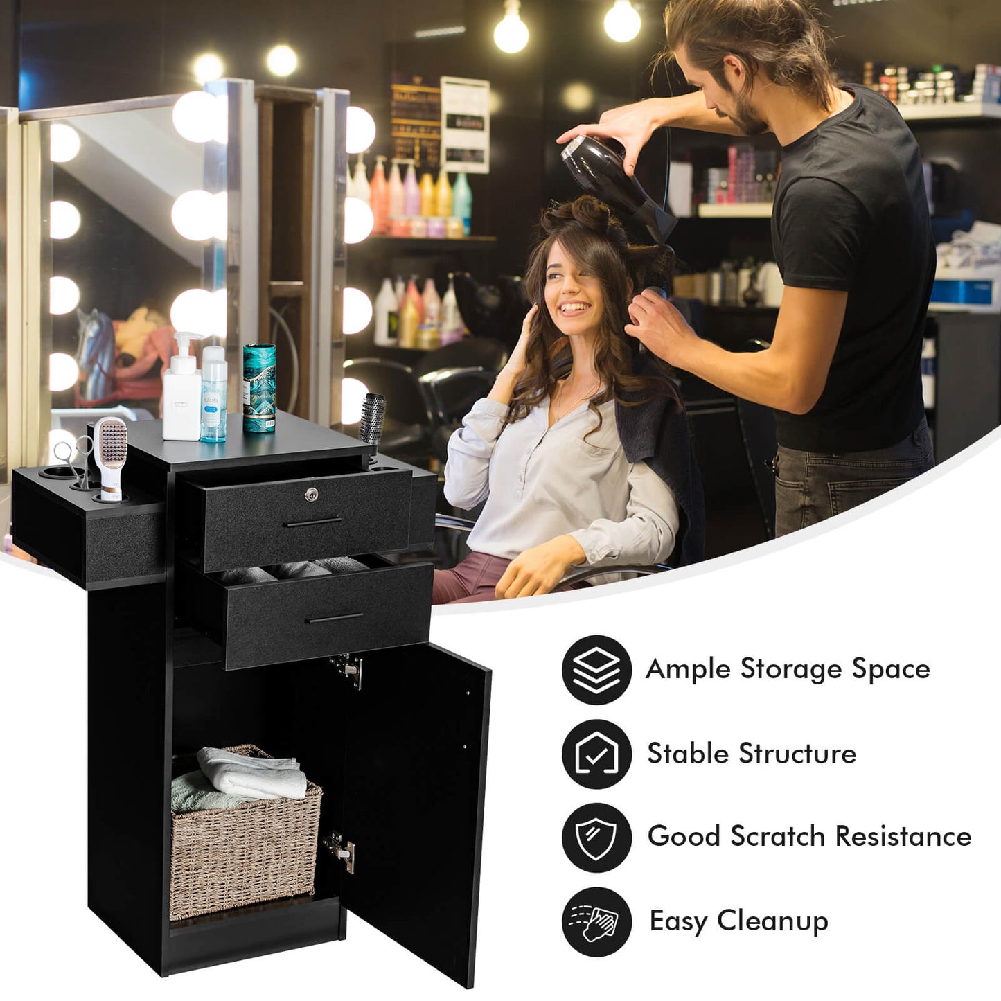 Salon Station Storage Cabinet with 6 Hair Dryer Holders for Hair Stylist-Black