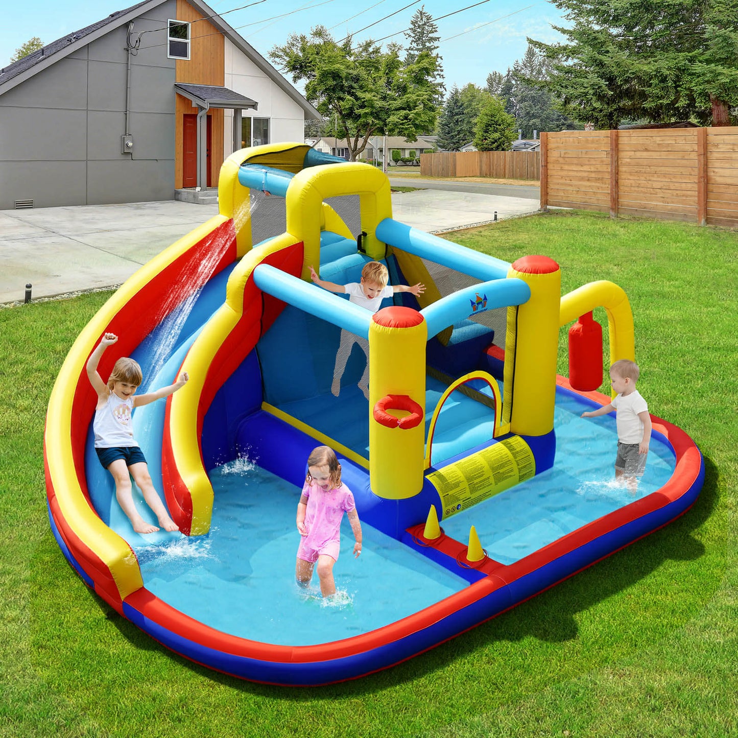 7-in-1 Inflatable Water Slide Bounce Castle with Splash Pool