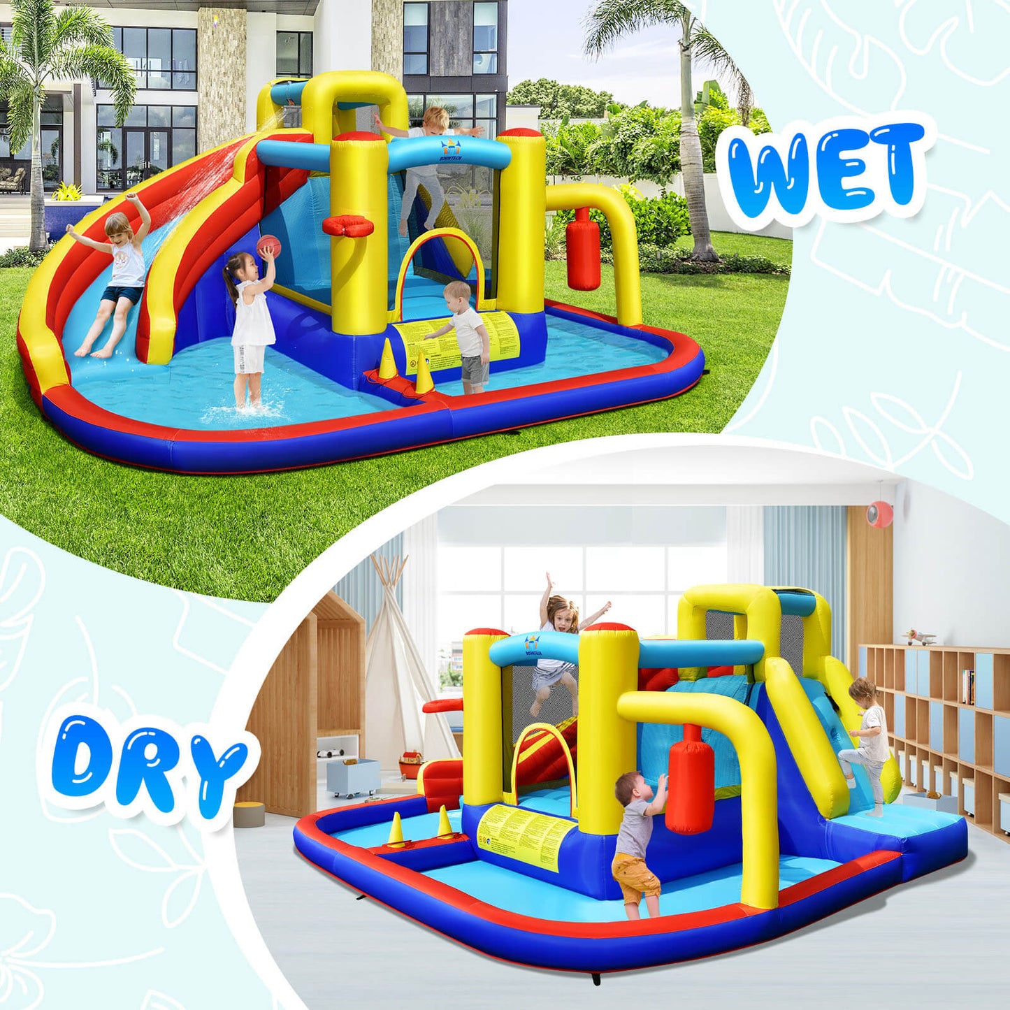 7-in-1 Inflatable Water Slide Bounce Castle with Splash Pool