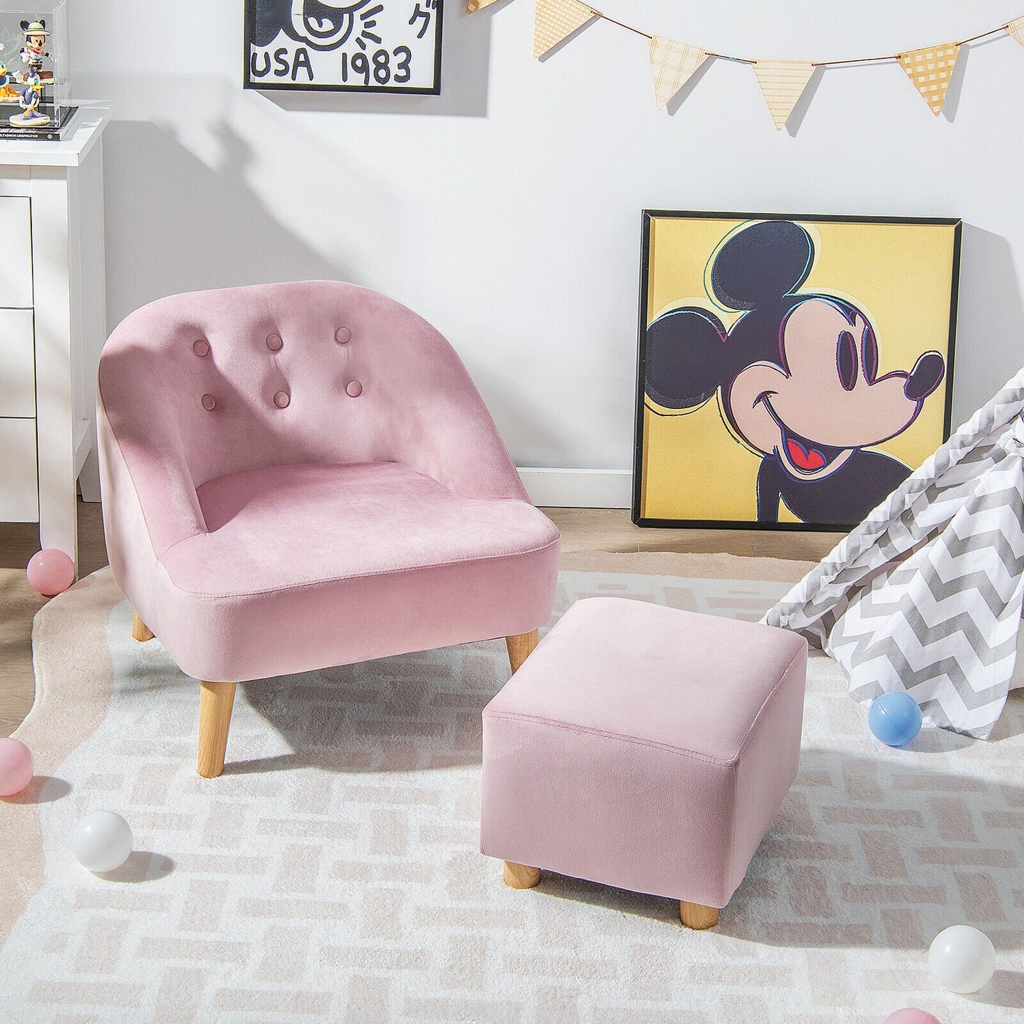 Soft Velvet Upholstered Kids Sofa Chair with Ottoman-Pink