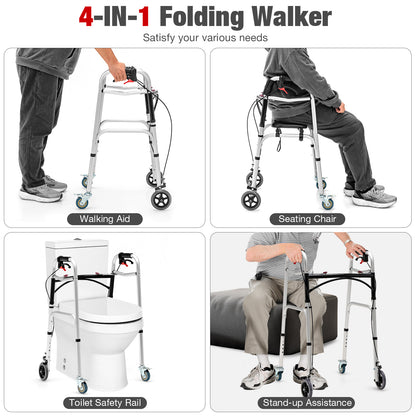 Height Adjustable Aluminum Walker with Rolling Wheels and Brakes