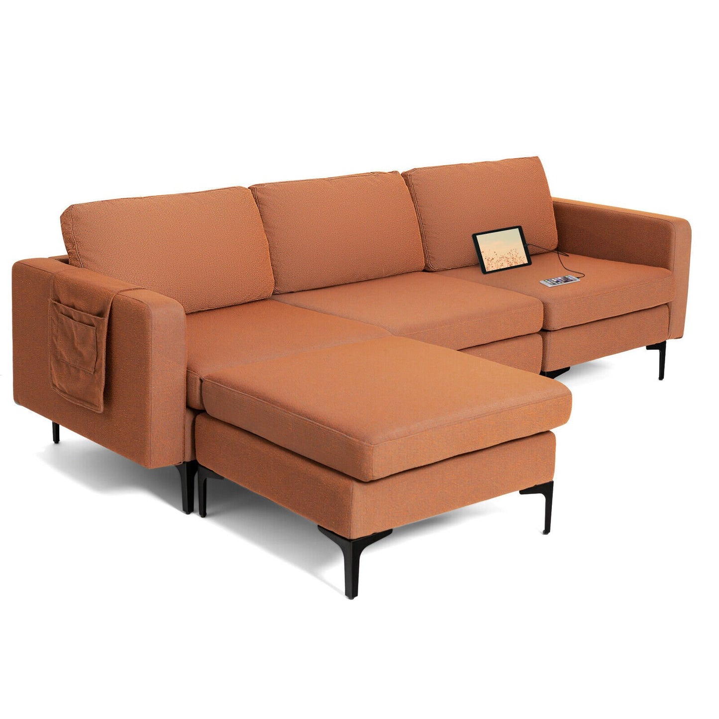 Modular L-shaped Sectional Sofa with Reversible Chaise and 2 USB Ports-Blue