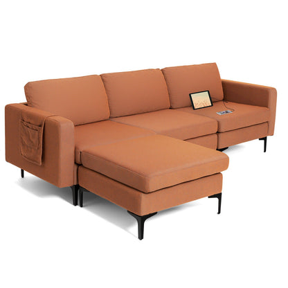 Modular L-shaped Sectional Sofa with Reversible Chaise and 2 USB Ports-Blue