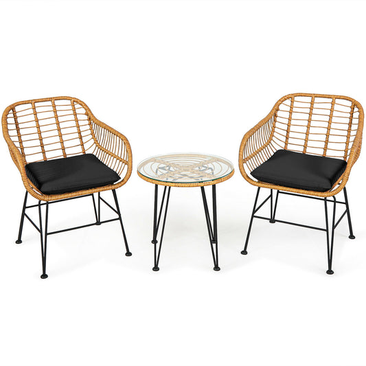 3 Pieces Rattan Furniture Set with Cushioned Chair Table-Black