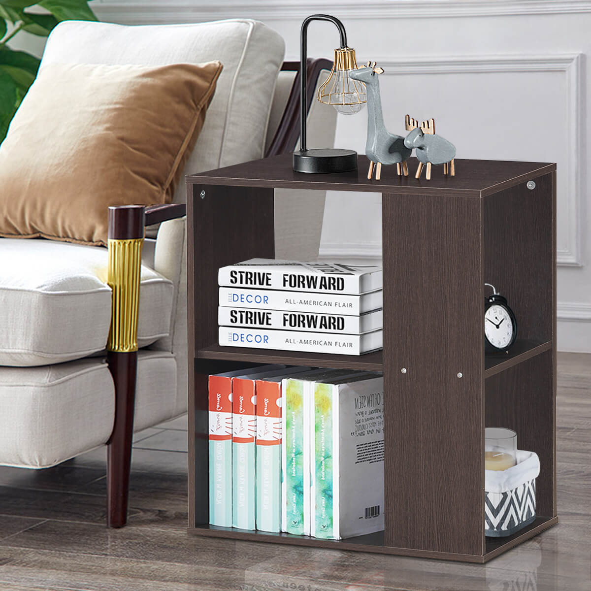 3-Tier Side End Table with Storage Shelves -Brown
