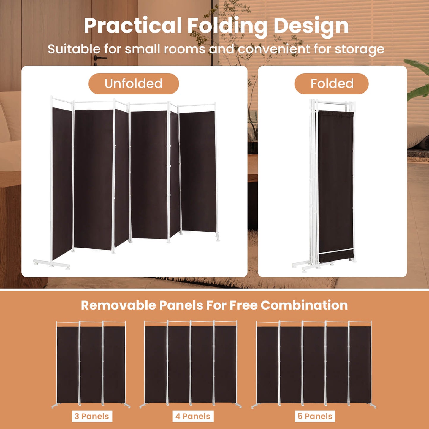 6-Panel Room Divider Folding Privacy Screen-Brown