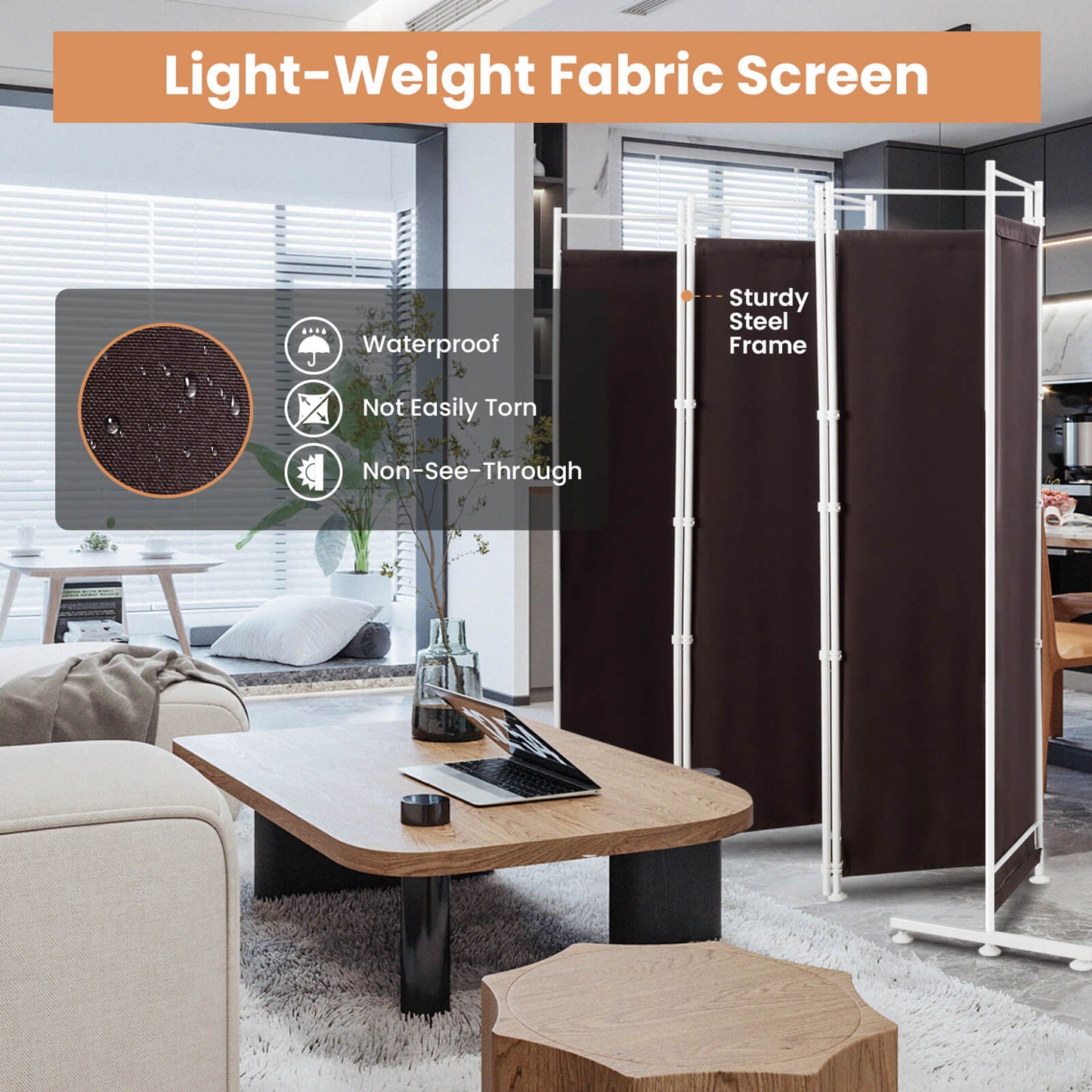 6-Panel Room Divider Folding Privacy Screen-Brown