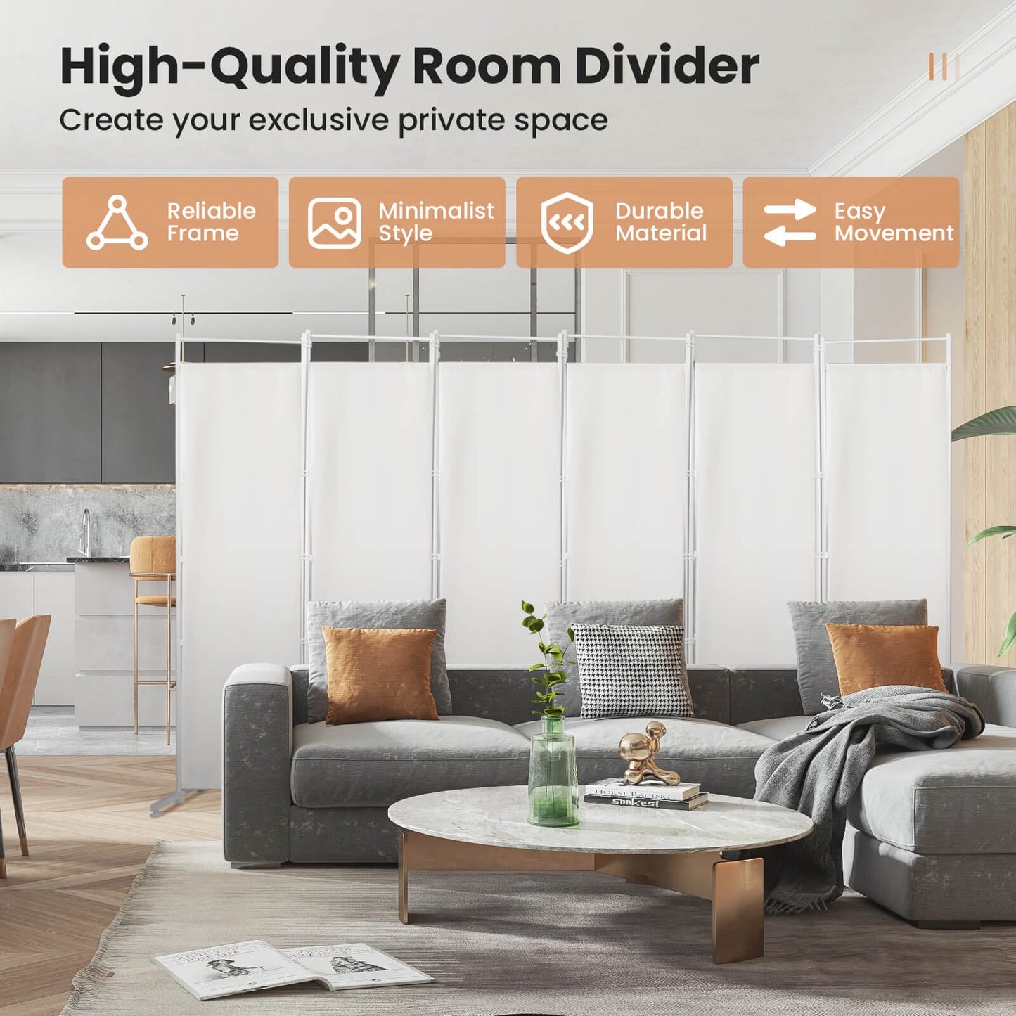 6-Panel Room Divider Folding Privacy Screen -Black