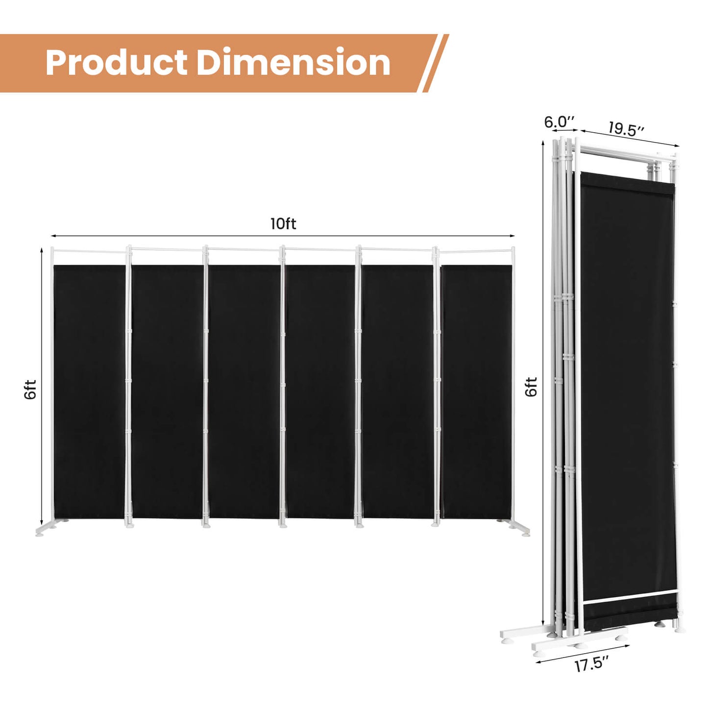 6-Panel Room Divider Folding Privacy Screen -Black