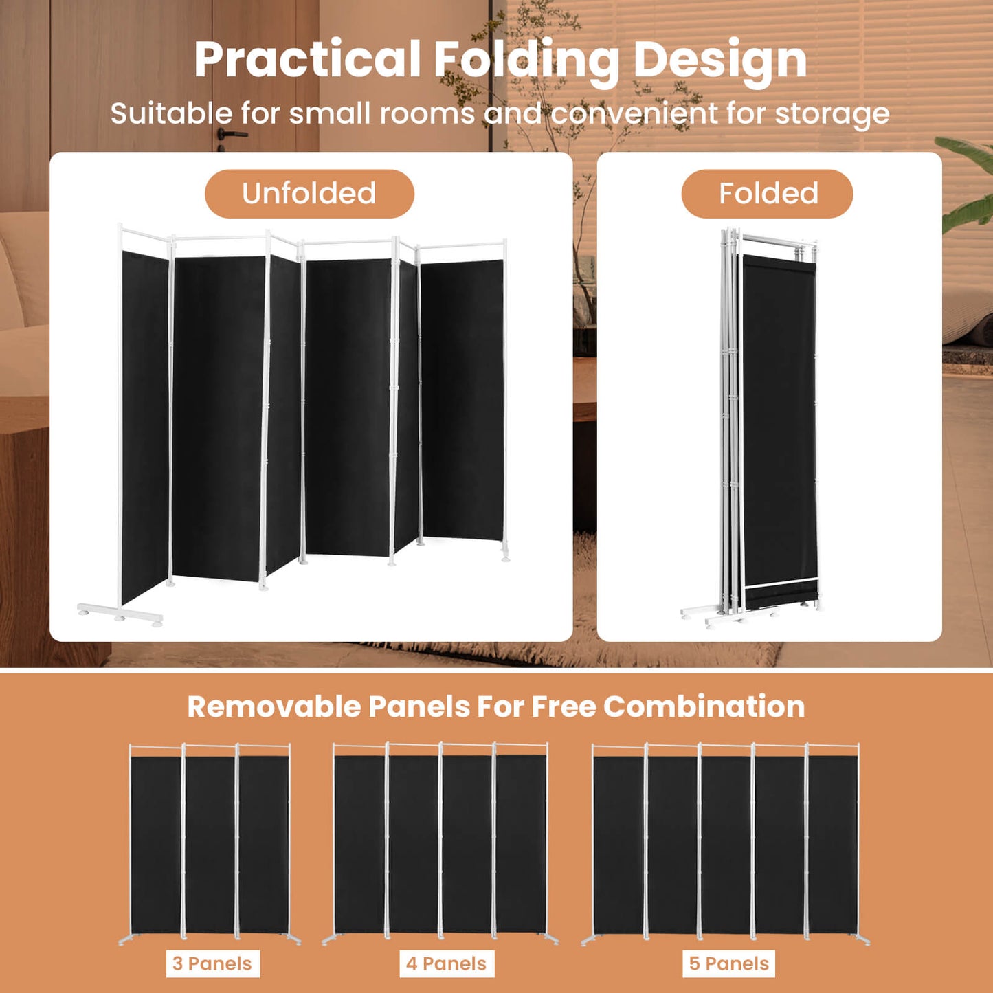 6-Panel Room Divider Folding Privacy Screen -Black