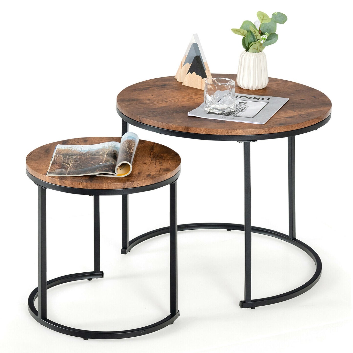 Set of 2 Modern Round Stacking Nesting Coffee Tables for Living Room-Rustic Brown