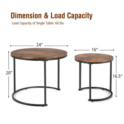 Set of 2 Modern Round Stacking Nesting Coffee Tables for Living Room-Rustic Brown