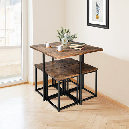 5 Pieces Metal Frame Dining Set with Compact Dining Table and 4 Stools-Natural