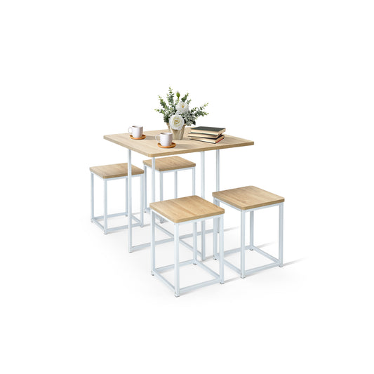 5 Pieces Metal Frame Dining Set with Compact Dining Table and 4 Stools-Natural
