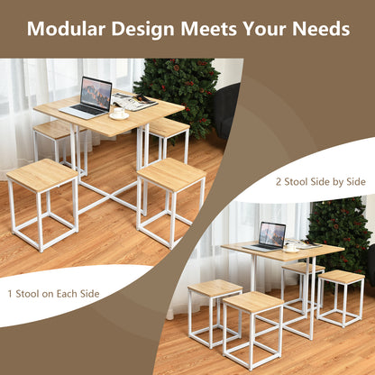 5 Pieces Metal Frame Dining Set with Compact Dining Table and 4 Stools-Natural
