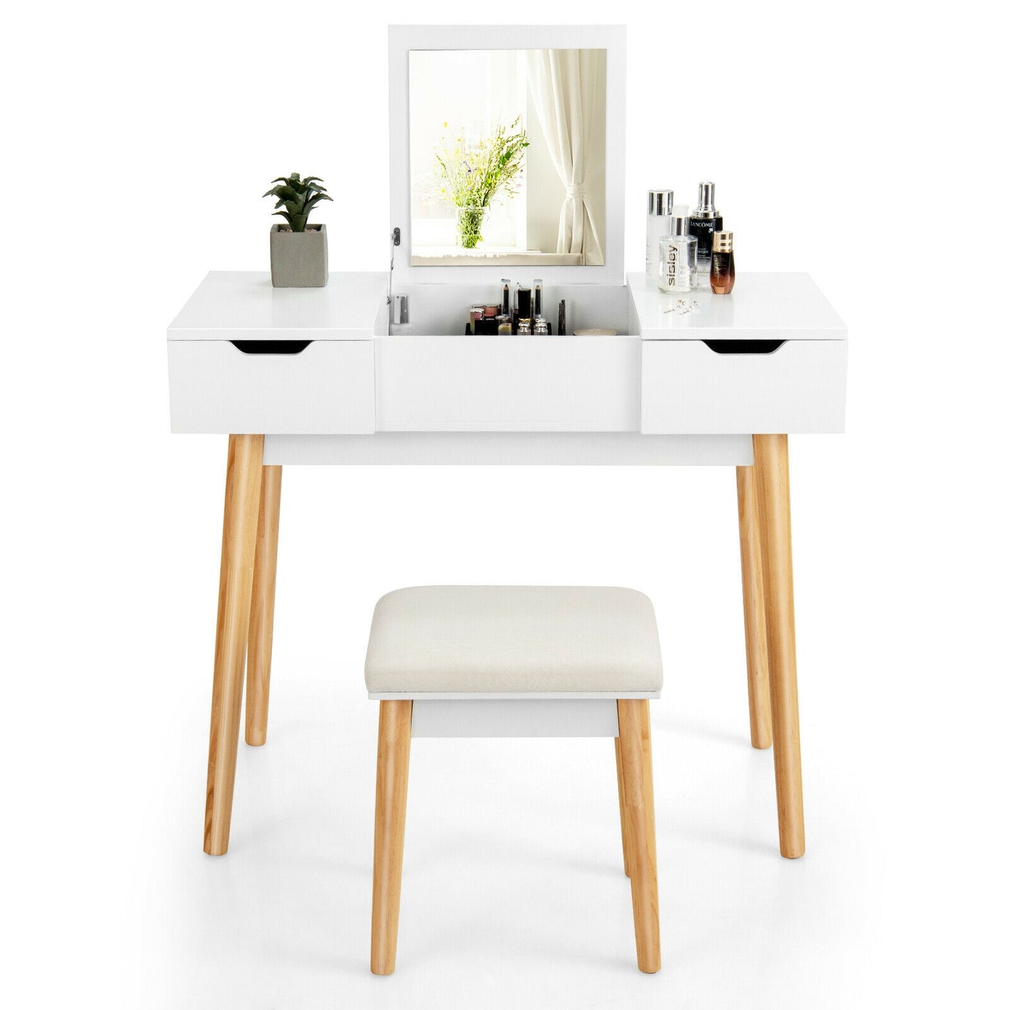 Makeup Vanity Table Set with Flip Top Mirror and 2 Drawers-White
