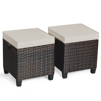 2 Pcs Patio Rattan Ottoman Cushioned Seat Foot Rest-Beige