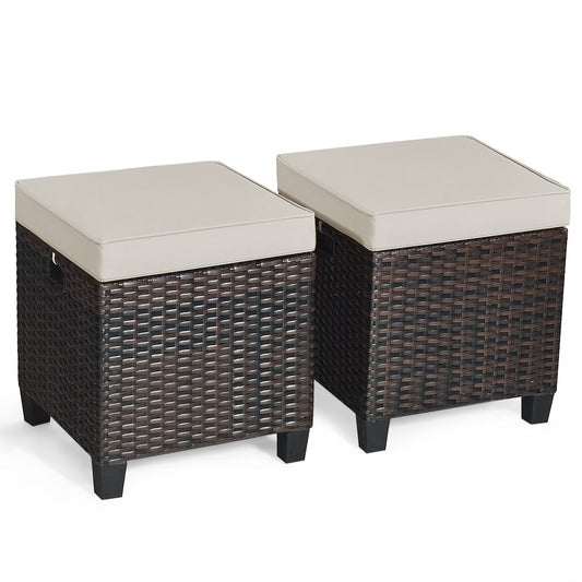 2 Pcs Patio Rattan Ottoman Cushioned Seat Foot Rest-Beige