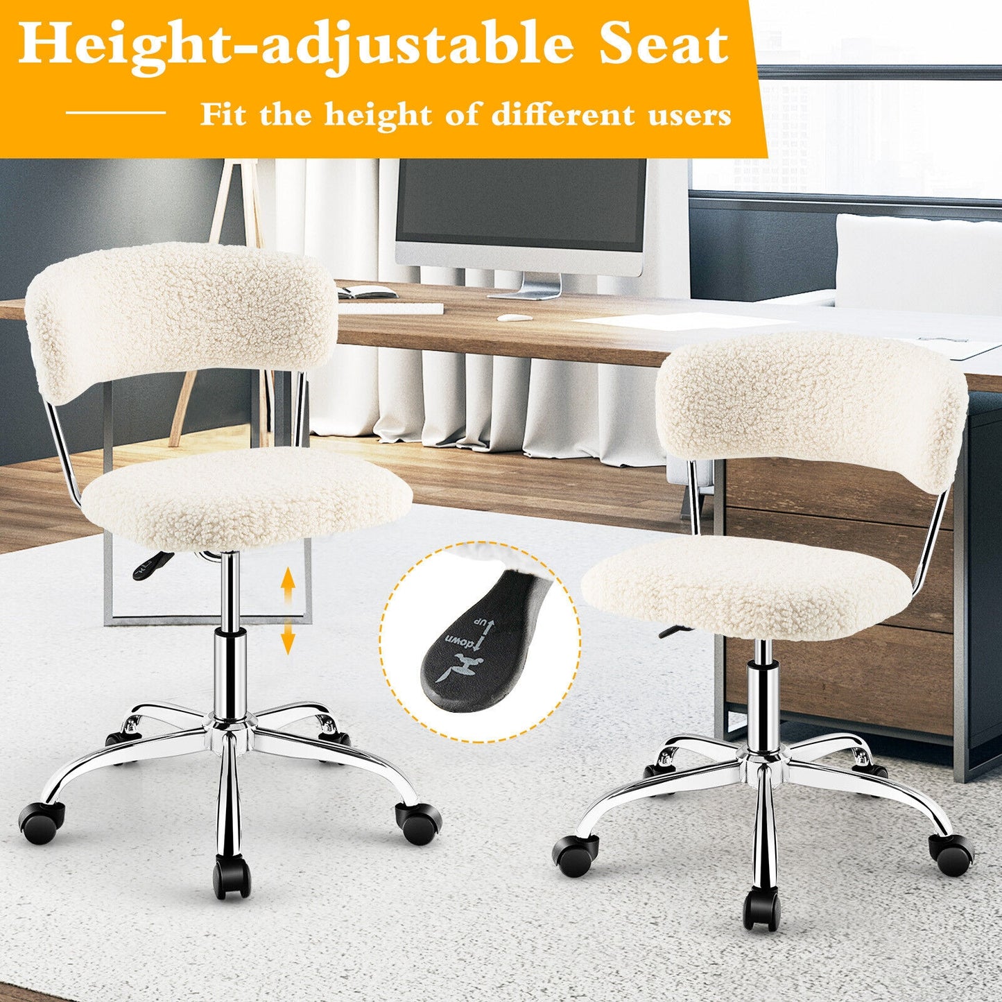 Computer Desk Chair Adjustable Sherpa Office Chair Swivel Vanity Chair-White