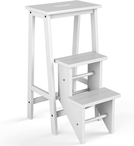 3-Tier Step Stool 3 in 1 Folding Ladder Bench-White