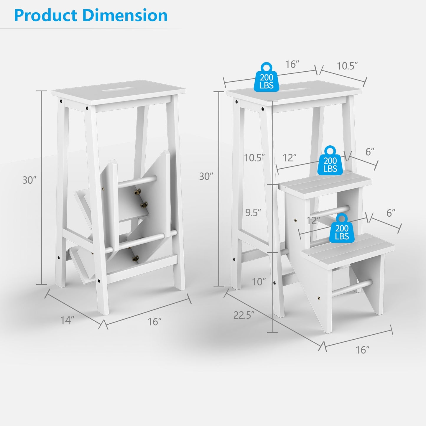 3-Tier Step Stool 3 in 1 Folding Ladder Bench-White