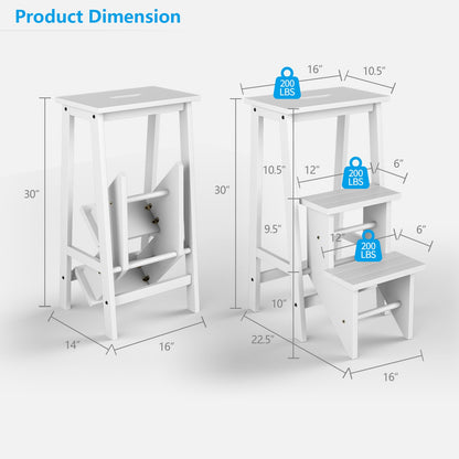 3-Tier Step Stool 3 in 1 Folding Ladder Bench-White