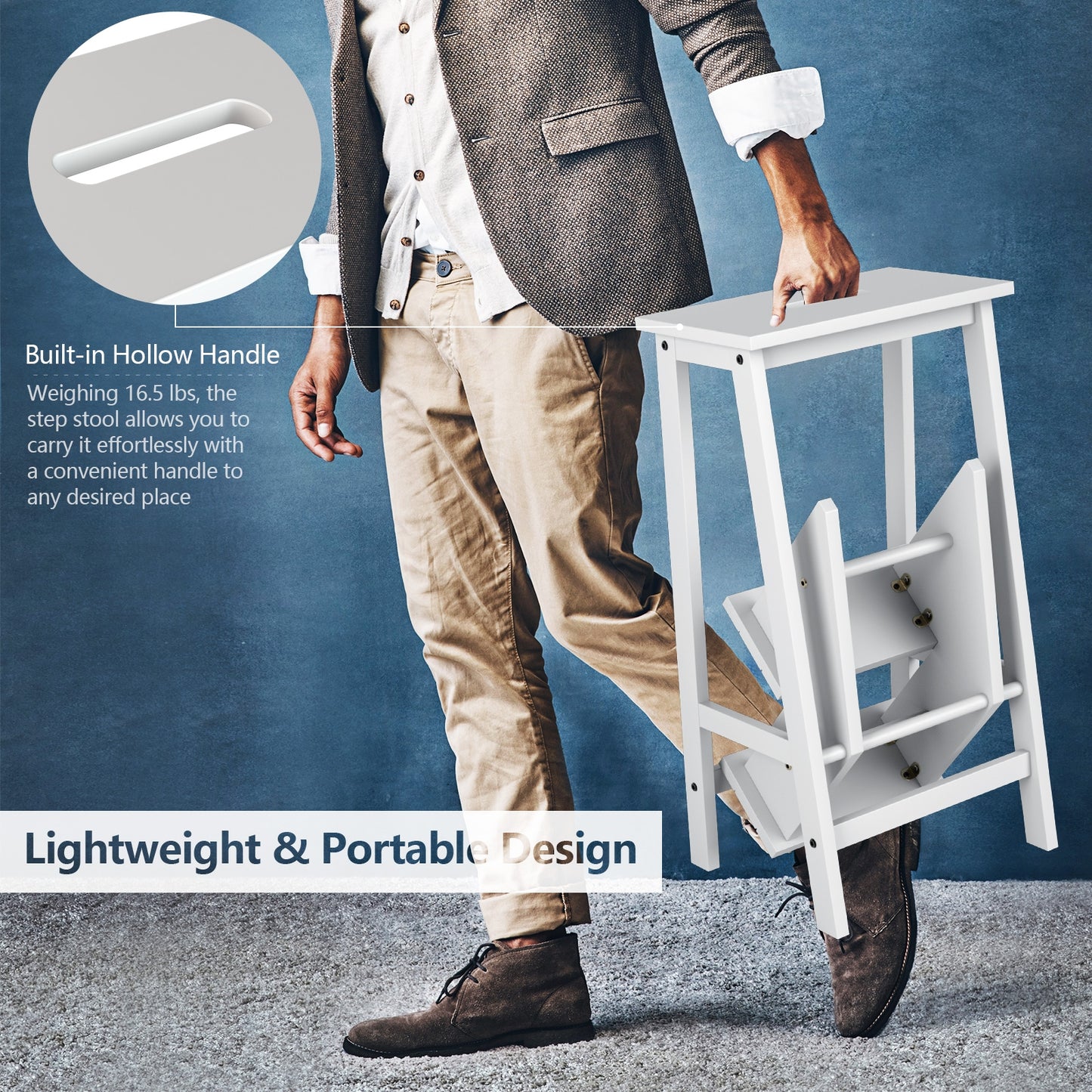 3-Tier Step Stool 3 in 1 Folding Ladder Bench-White