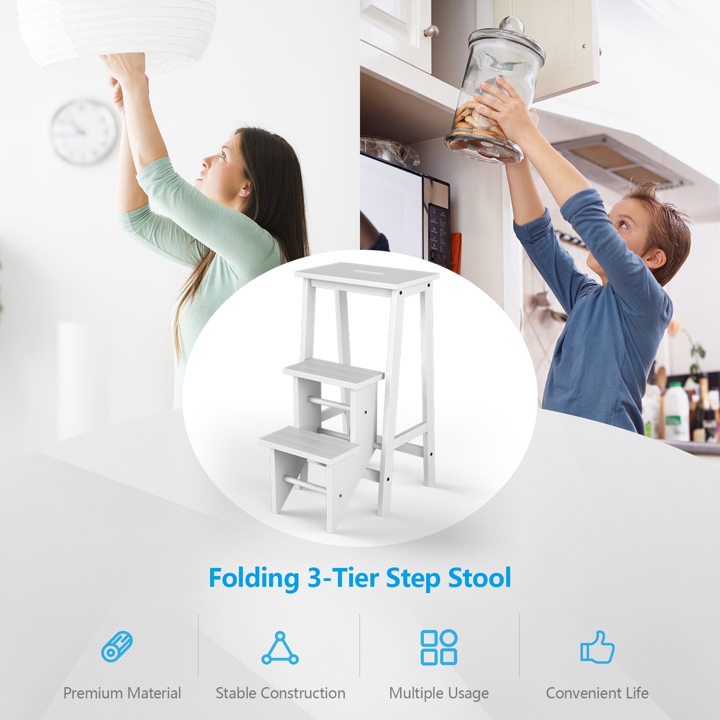 3-Tier Step Stool 3 in 1 Folding Ladder Bench-White