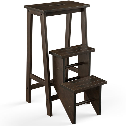 3-in-1 Rubber Wood 3 Tier Folding Step Stool Ladder Storage Shelf-Dark Brown