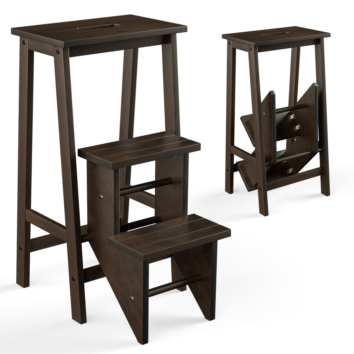 3-in-1 Rubber Wood 3 Tier Folding Step Stool Ladder Storage Shelf-Dark Brown