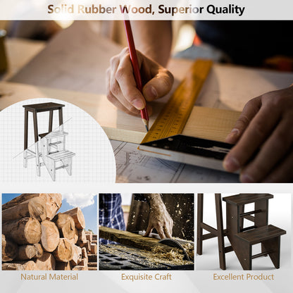 3-in-1 Rubber Wood 3 Tier Folding Step Stool Ladder Storage Shelf-Dark Brown