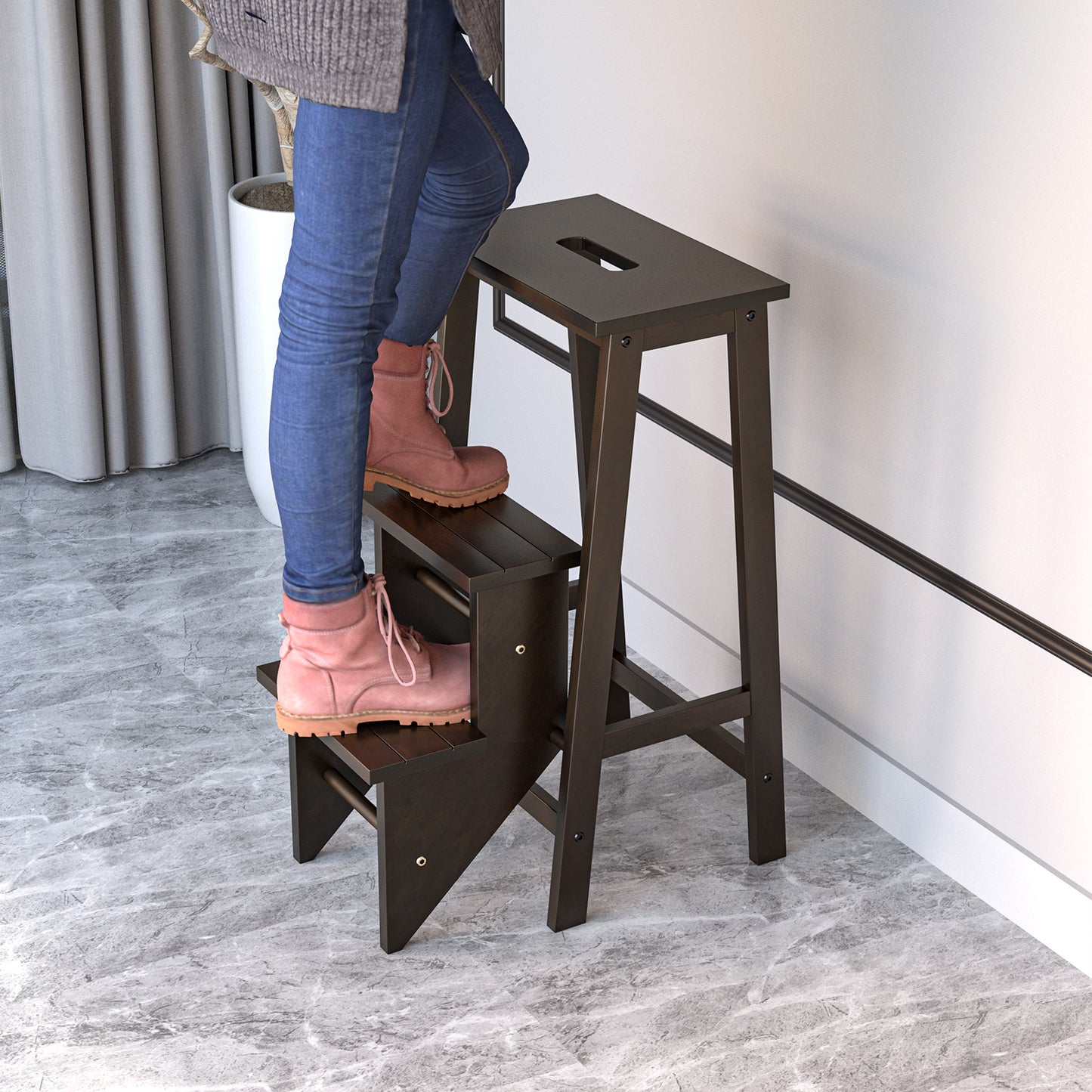 3-in-1 Rubber Wood 3 Tier Folding Step Stool Ladder Storage Shelf-Dark Brown