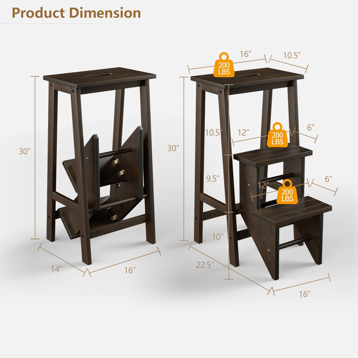 3-in-1 Rubber Wood 3 Tier Folding Step Stool Ladder Storage Shelf-Dark Brown