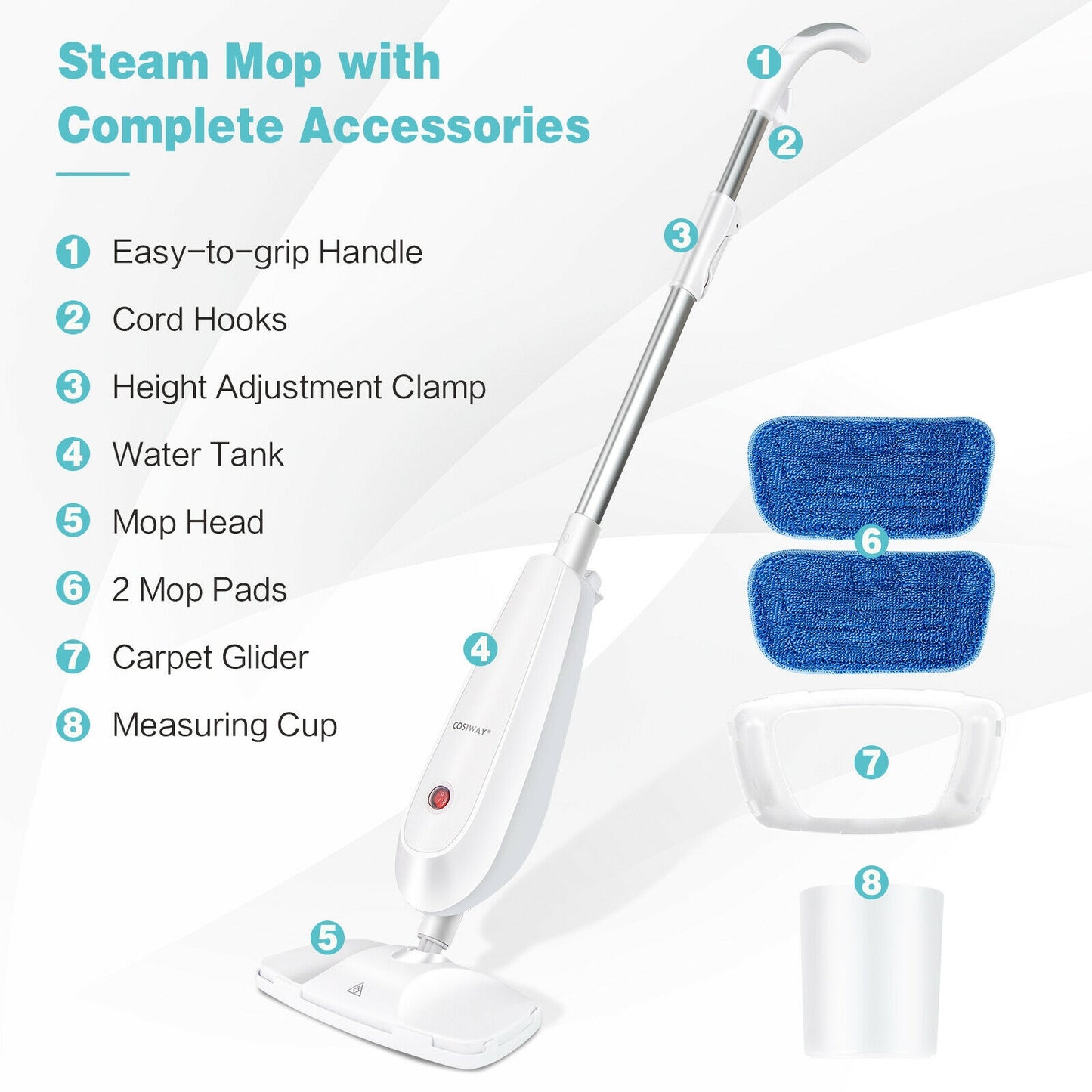 1100 W Electric Steam Mop with Water Tank for Carpet-White