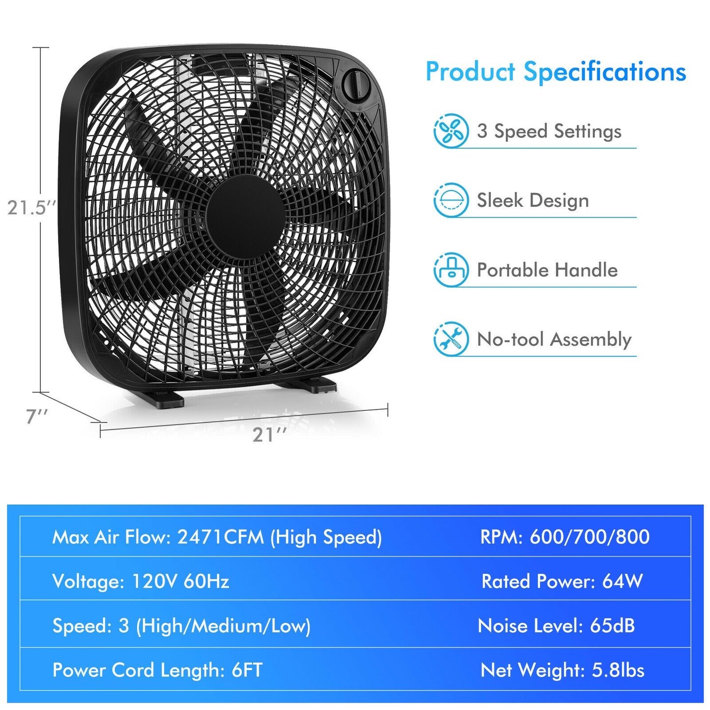 20 Inch Box Portable Floor Fan with 3 Speed Settings and Knob Control-Black