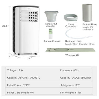 9000 BTU 3 in 1 Portable Air Conditioner with Fan and Dehumidifier-White