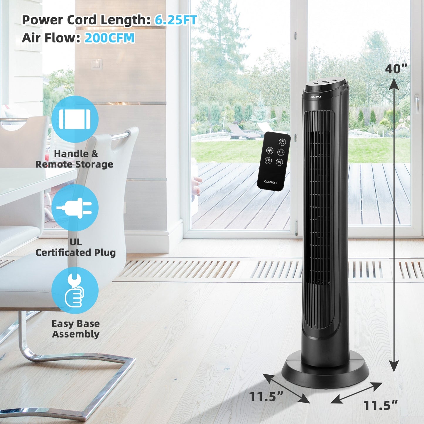 40 Inch Tower Fan with Remote 75˚ Oscillating Fan with 3 Wind Modes and 4 Wind Speeds-Black